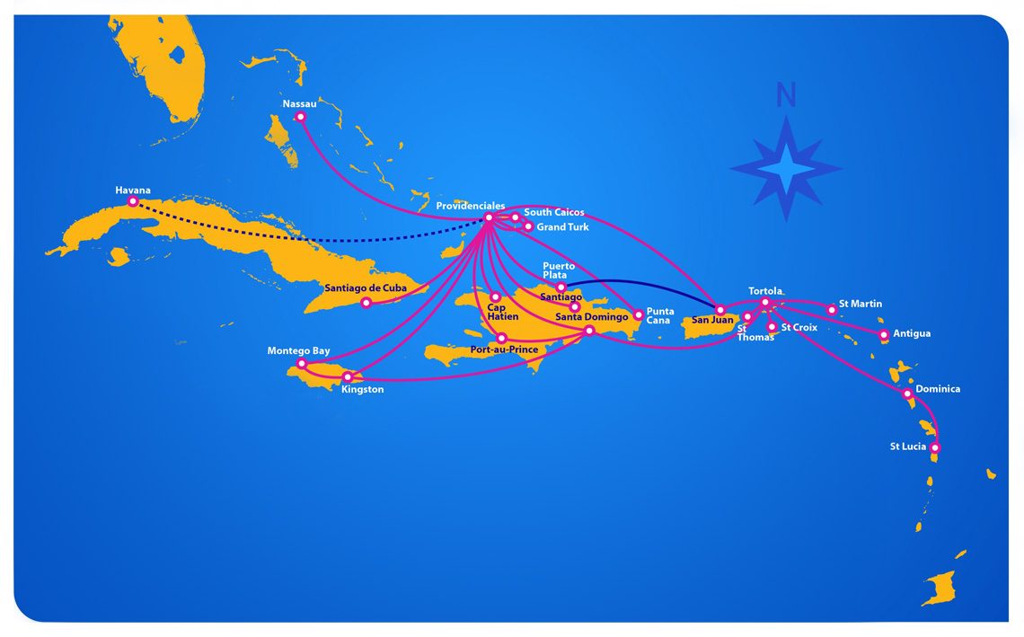 Mapa de los Vuelos Regulares Regionales del Caribe
